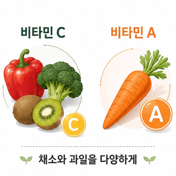 빨간 파프리카와 키위, 브로콜리의 비타민 C와 당근의 비타민 A 전구체를 중심으로 채소와 과일의 영양소를 설명하는 그림