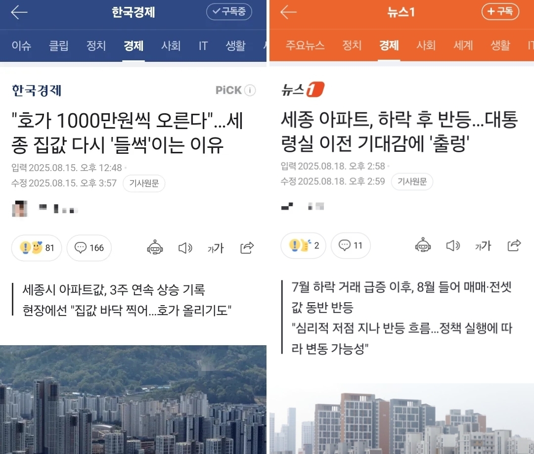 세종시 신문기사 캡처 사진 출처 : 네이버 한국경제, 뉴스1 기사 PHOTO CREDIT : NAVER The Korea Economic Daily, NEWS1
