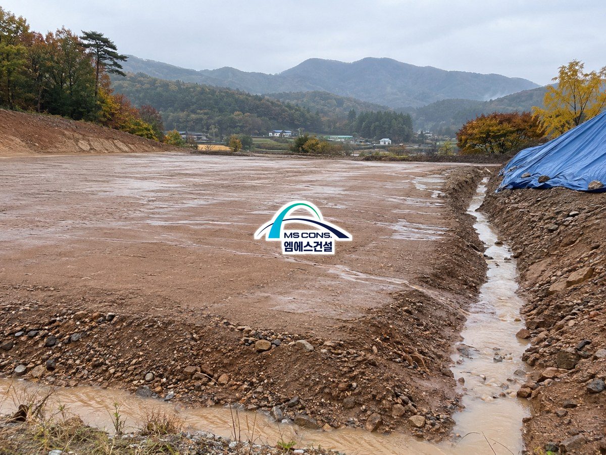 비 온 뒤 성토 부지 &mdash; 자주 묻는 질문 장면 다짐 마친 층과 배수 기울기