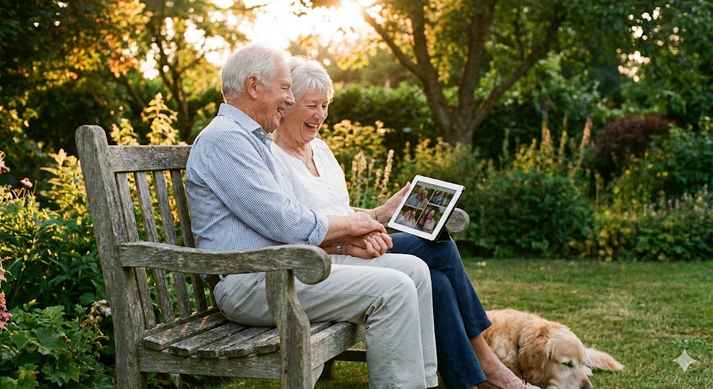 평화로운 노후를 즐기며 스마트폰으로 월배당 입금 알림을 보고 미소 짓는 부부의 모습