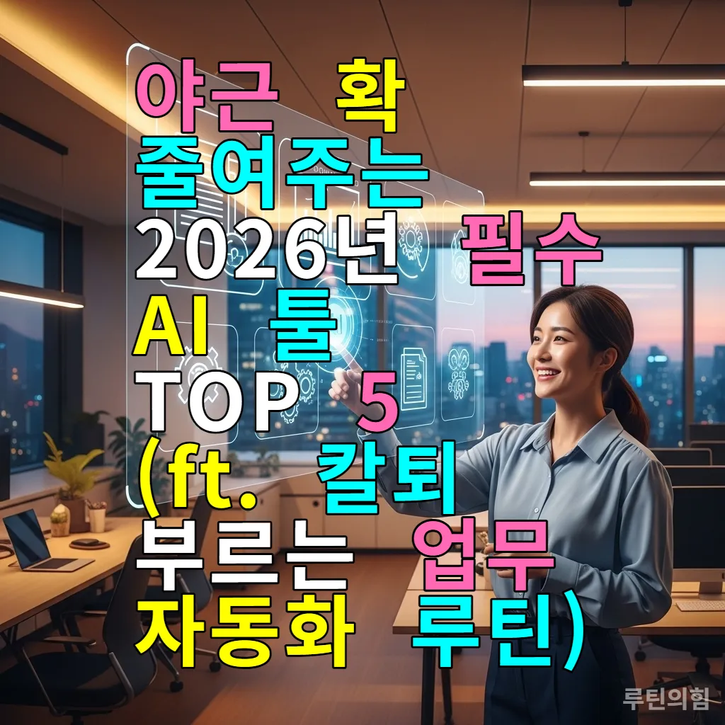 2026년 서울 사무실에서 AI 툴을 활용해 업무를 마치고 칼퇴근하며 웃고 있는 한국 직장인의 모습