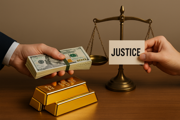 "황금 골드바와 현금 다발을 건네는 손과, 'justice'라고 적힌 종이와 저울을 건네는 손이 거래하는 장면. 정의가 돈으로 거래되는 사법 시스템을 상징적으로 표현한 이미지"