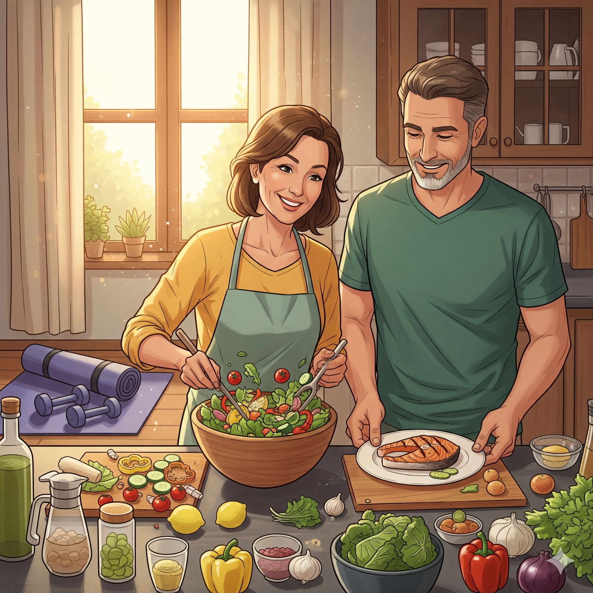 50-60대 중년 남녀가 건강한 식단(샐러드, 생선)을 준비