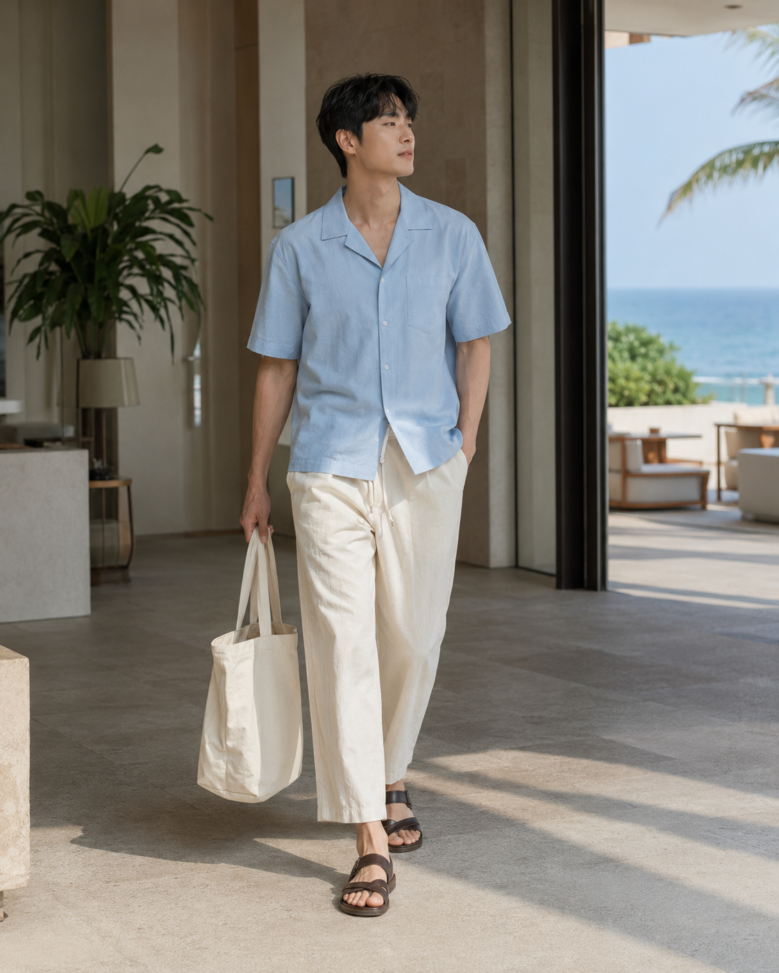 오픈칼라 셔츠와 에크루 팬츠처럼 색과 아이템을 연결해 전체 착장을 정돈한 코디입니다.