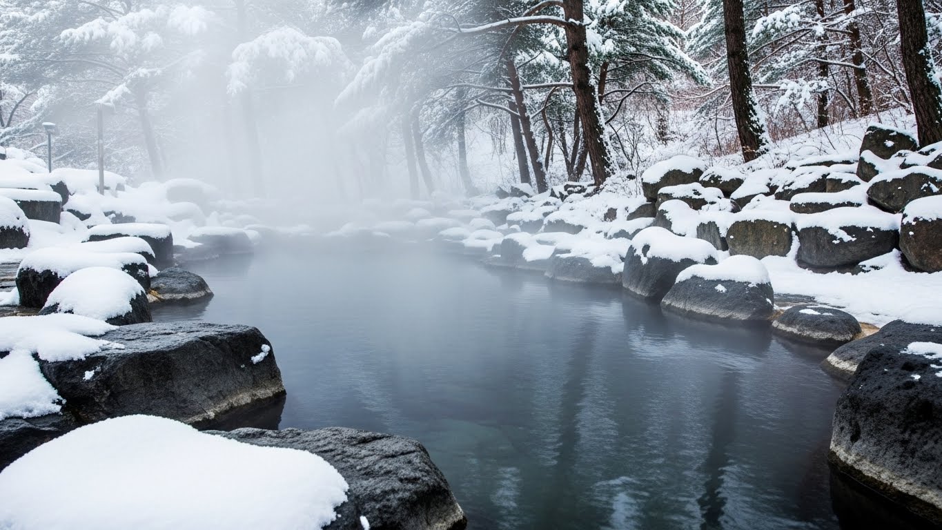 [이미지 #4: 온천 김이 모락모락 피어오르는 야외 노천탕 풍경]