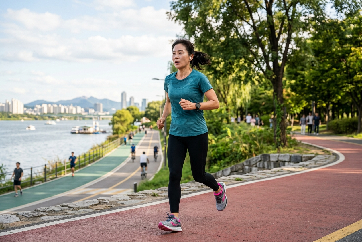 공원이나 강변을 따라 약간 숨이 찬 상태로 가볍게 조깅을 하는 중년의 모습