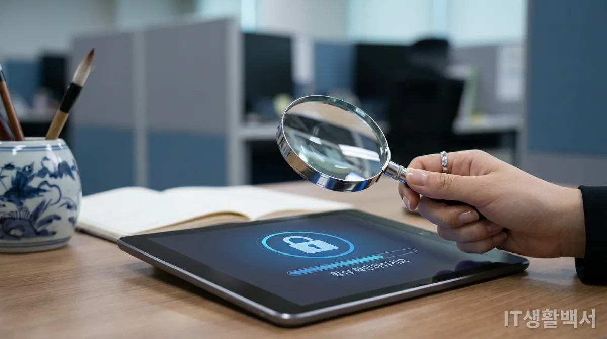 태블릿 화면의 자물쇠 아이콘을 돋보기로 확대하여 검증하는 한국인의 손