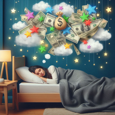 "별들과 함께 돈이 떠 있는 꿈을 꾸고 있는 이미지입니다."