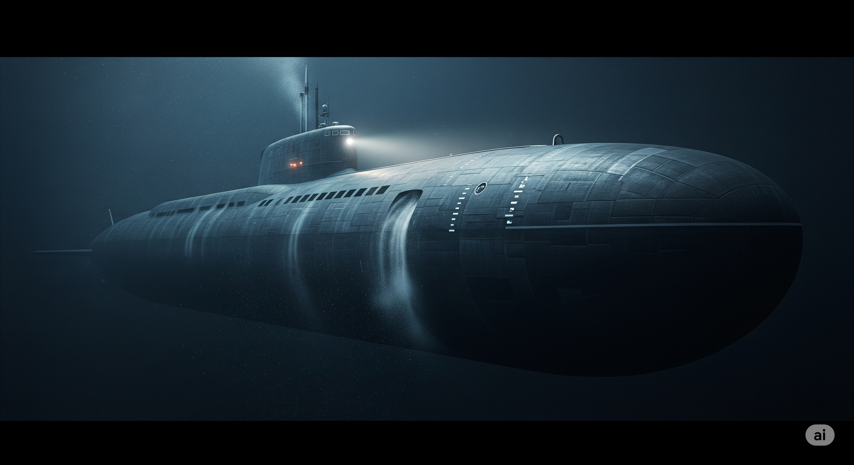 A massive submarine, deep in the crushing darkness of the ocean, looking vulnerable as its metal hull seems to creak under the immense pressure.