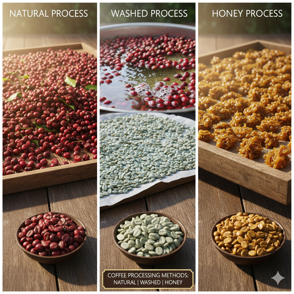 커피 가공법 비교: 내추럴&middot;워시드&middot;허니 프로세스별 원두 색감과 건조 방식의 차이를 보여주는 커피 체리 이미지(이미지 생성:google)