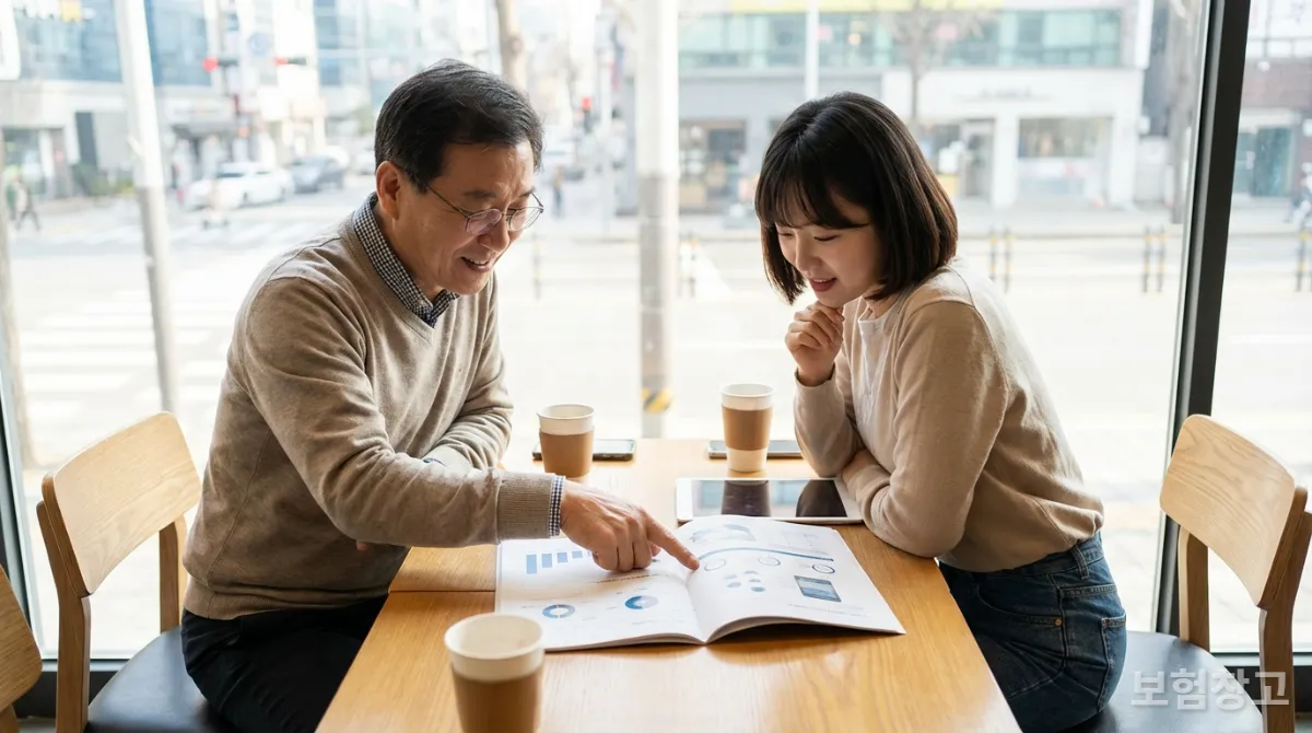 두 한국인이 보험 약관에 대해 대화하며 오해를 풀고 있는 모습