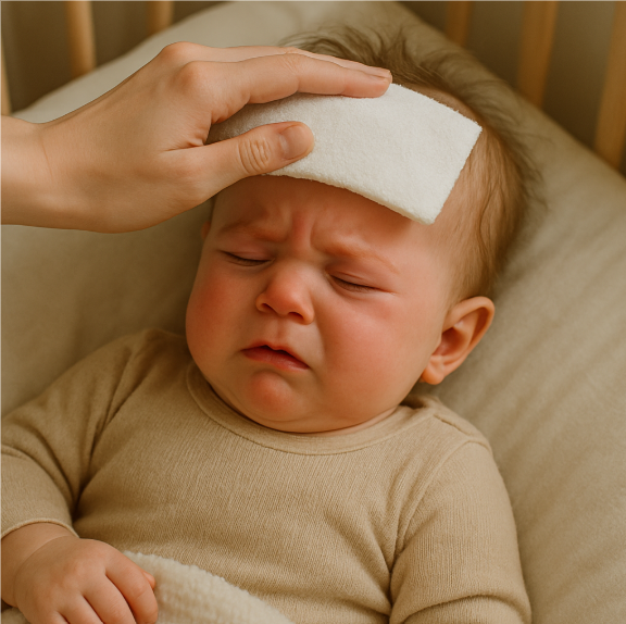 열이 나서 머리에 물에 적신 수건을 얹고 있는 아기