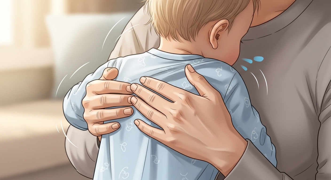 부모가 감기 걸린 아기의 등을 가볍게 토닥여 기침을 완화시키는 모습