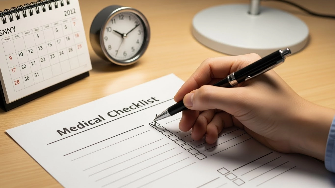 시술 전 체크리스트(병력&middot;약물&middot;생활습관)를 작성하는 모습을 담은 이미지