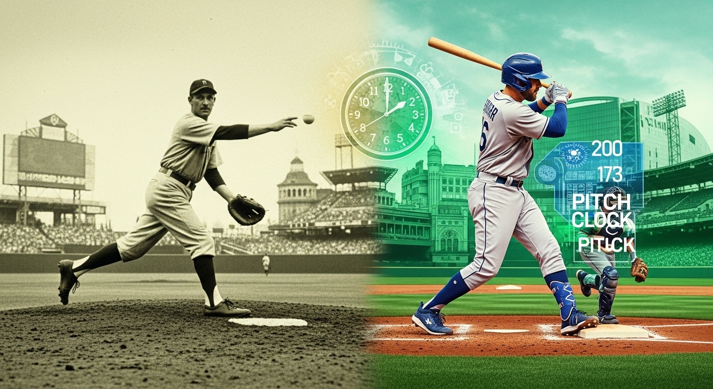 야구 규칙 변화의 역사를 상징하는 이미지. 과거와 현재의 야구 선수들이 마운드 높이, DH 제도, 피치 클락 등 주요 규칙 변화를 배경으로 어우러져 있는 모습.