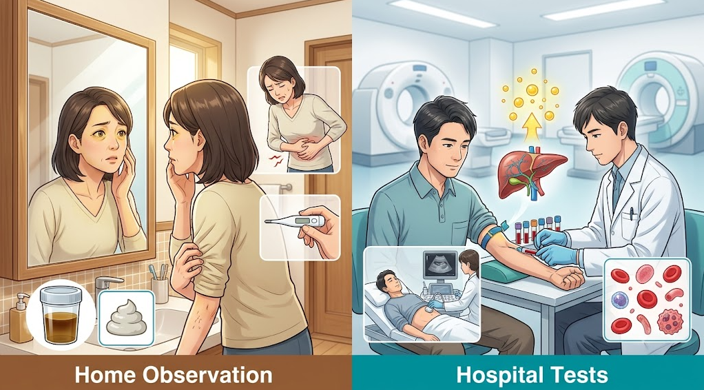 가정에서 관찰하는 황달&middot;소변&middot;대변 색 변화 및 증상과 의료기관에서 시행하는 혈액검사 및 영상검사를 비교한 메디컬 일러스트