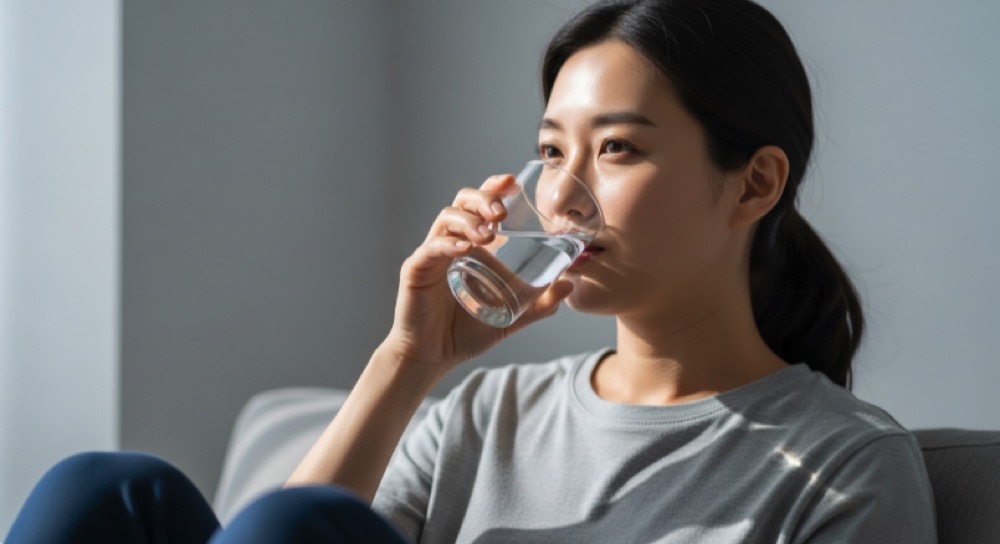 저혈압 관리를 위해 물을 마시는 모습