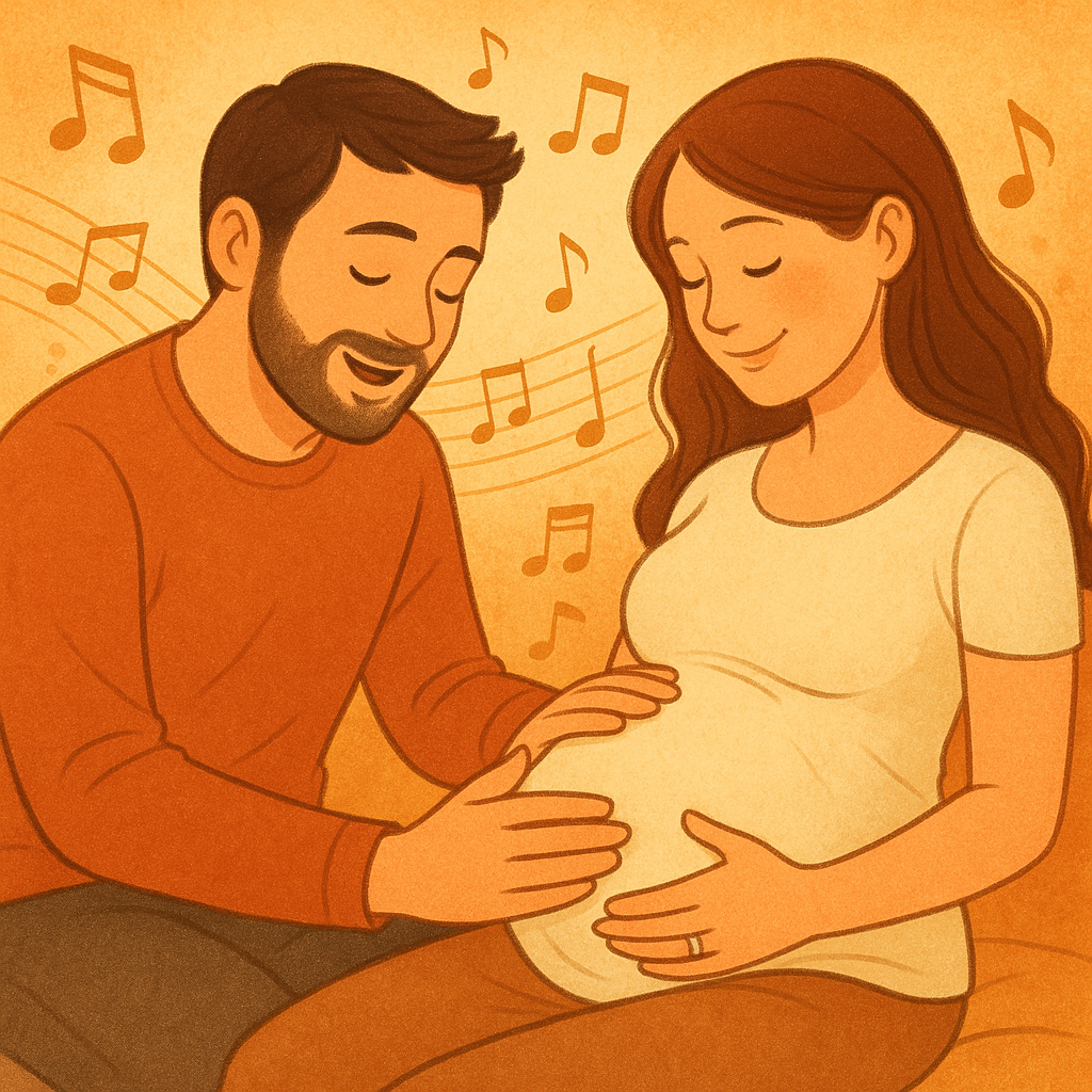 임산부의 배에 손을 얹고 미소 짓는 남편과, 평온한 표정으로 교감하는 아내의 모습, 음악 음표들이 배경에 떠 있는 따뜻한 색감의 태교 일러스트