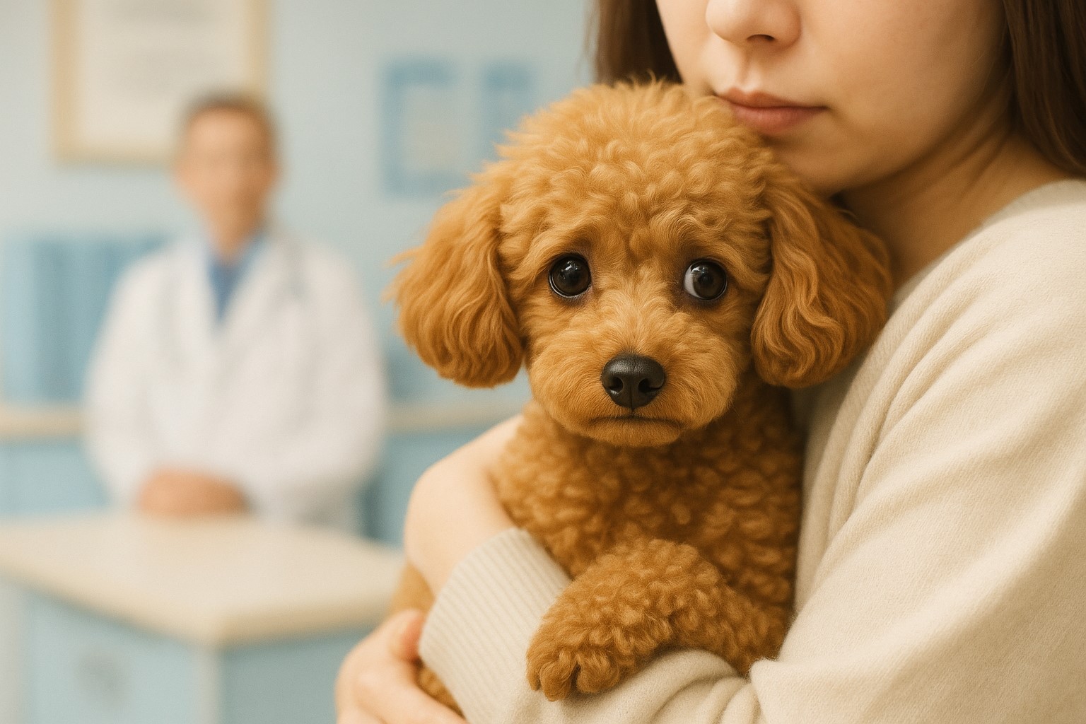 동물병원 진료실에서 보호자 품에 안겨 겁먹은 표정을 짓는 푸들, 옆에서 수의사가 주사기를 준비하는 모습