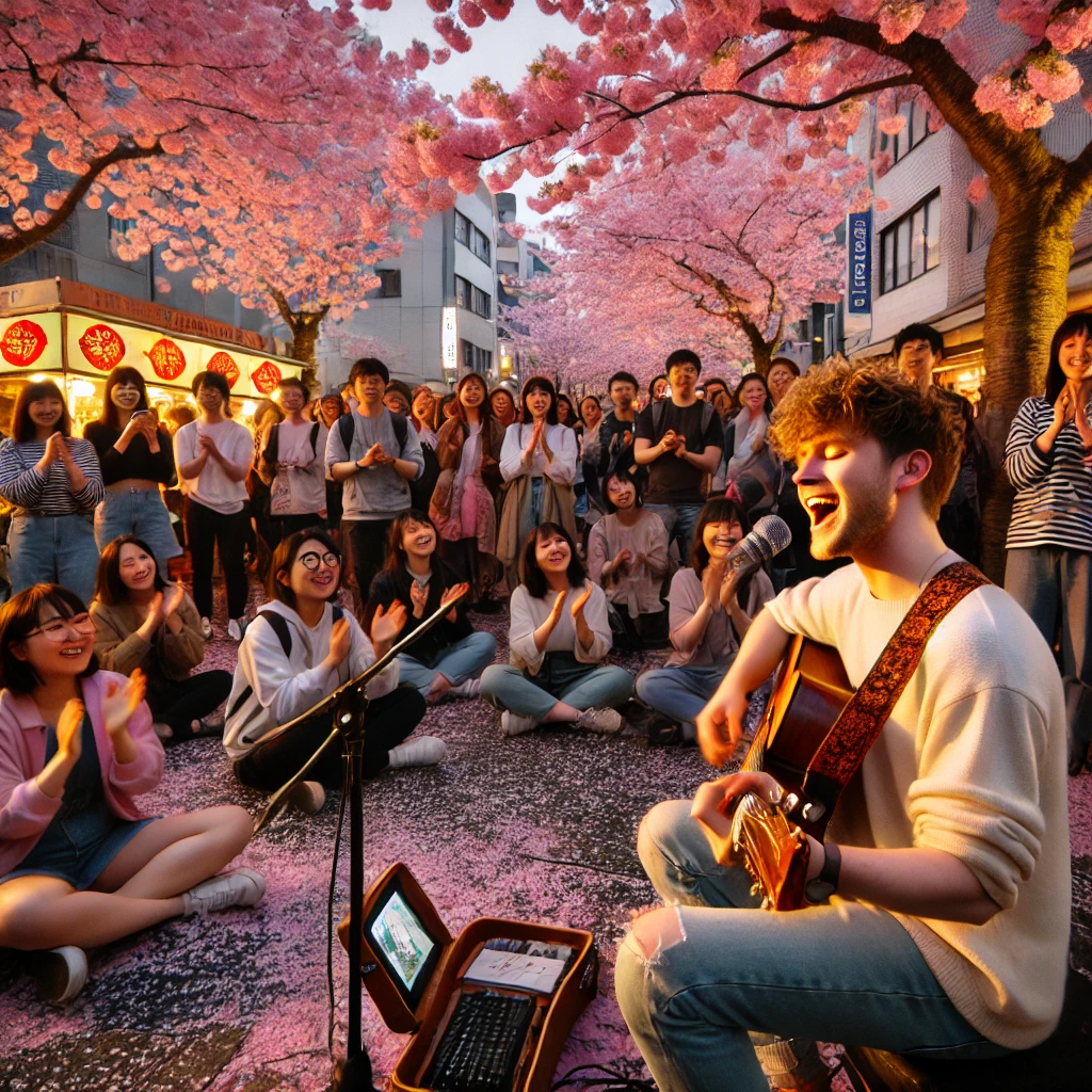 벚꽃 아래에서 기타 연주하는 버스커와 관람객&amp;#44; 노을빛 가득한 감성적인 대청호 벚꽃축제 공연