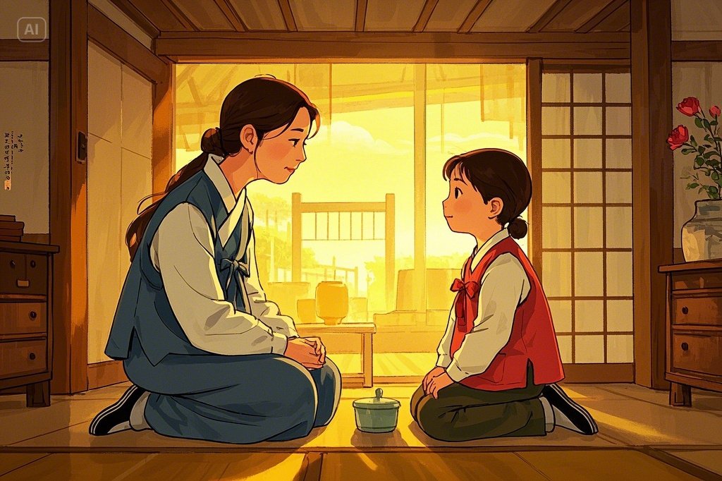 따뜻한 표정으로 아이와 눈을 맞추는 공감형 부모의 일러스트