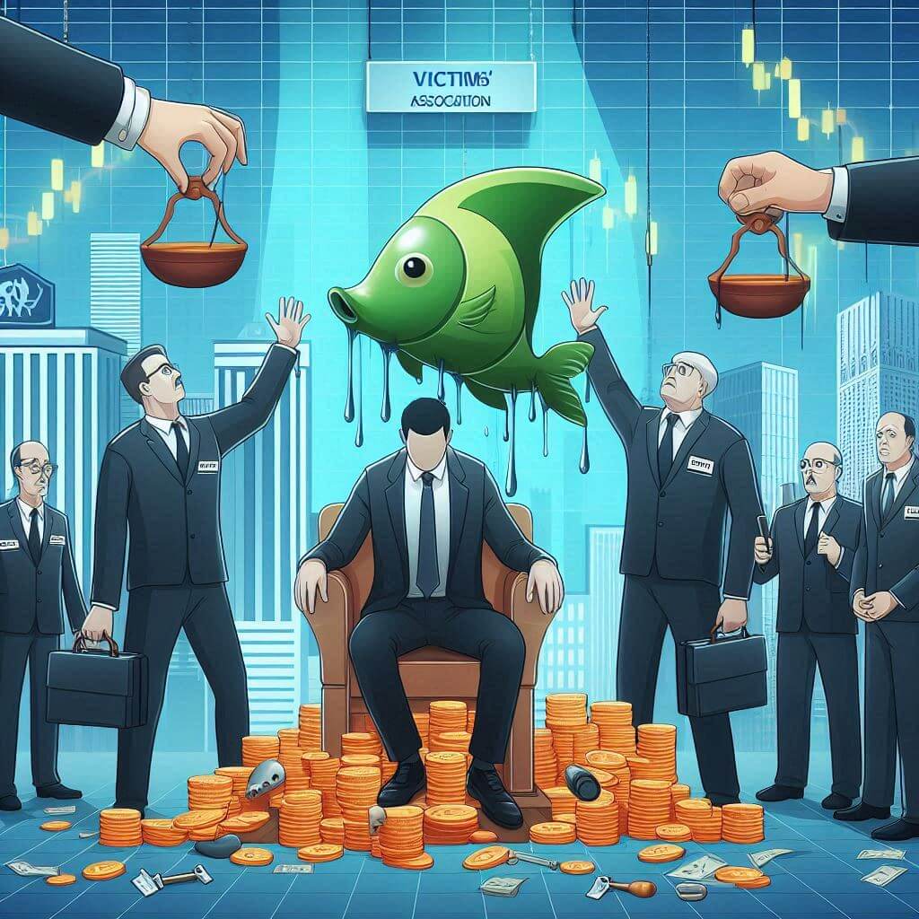 주식 투자 리딩방 사기수법에 낚시를 당한 피해자 머리위에 상징적인 물고기 그림.