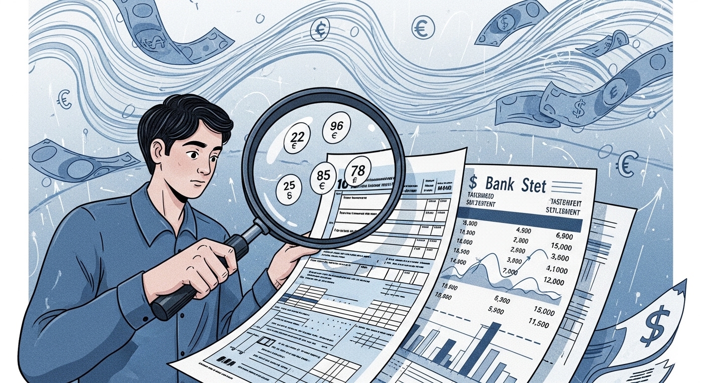 돋보기로 세금 서류를 확인하며 근로장려금 지급 조건을 검토하는 사람의 모습.