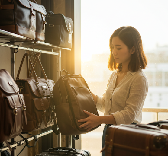 여성이 여행가방을 고르고 있다.