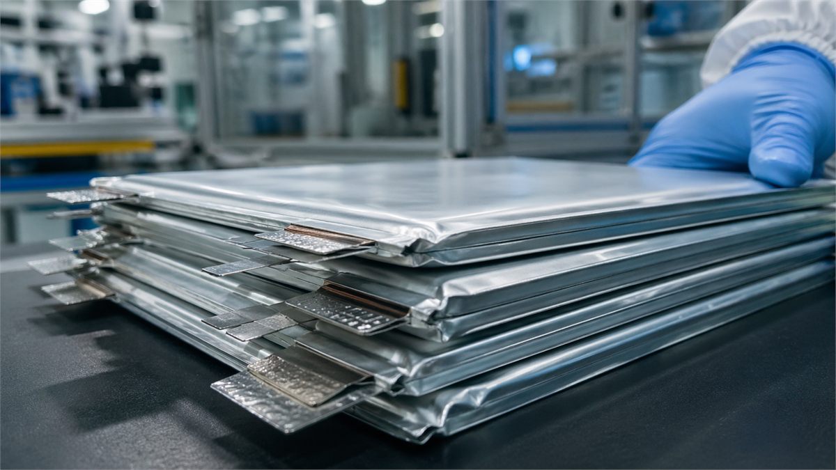 우치형 배터리 셀 적층 구조를 가까이서 보여주는 장면 