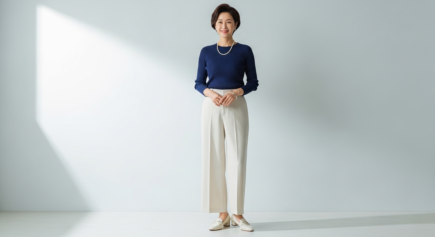 우아한 와이드 팬츠를 착용한 50대 여성이 네이비 니트와 로퍼를 매치하여 편안하면서도 세련된 중년 패션 스타일을 선보이는 모습.