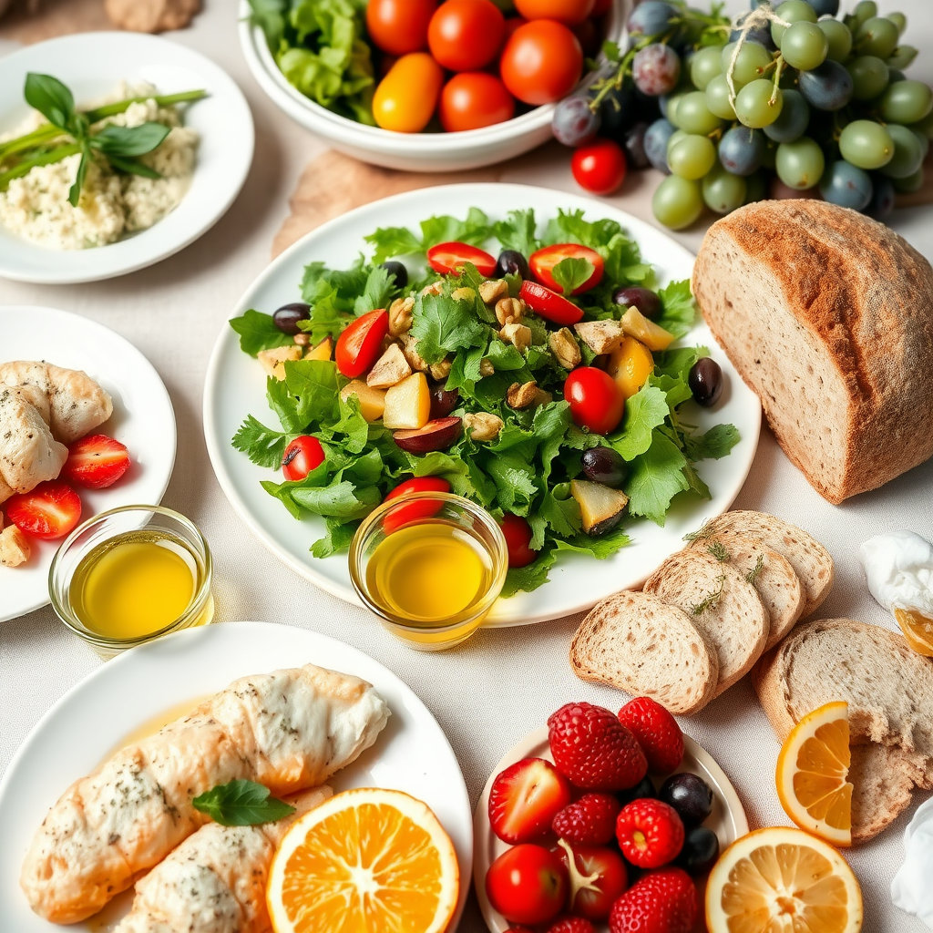 통풍 환자에게 지중해 식단처럼 균형 잡히고 건강한 식습관은 매우 중요합니다. 다양한 좋은 음식들을 한눈에 보여주는 이미지입니다.