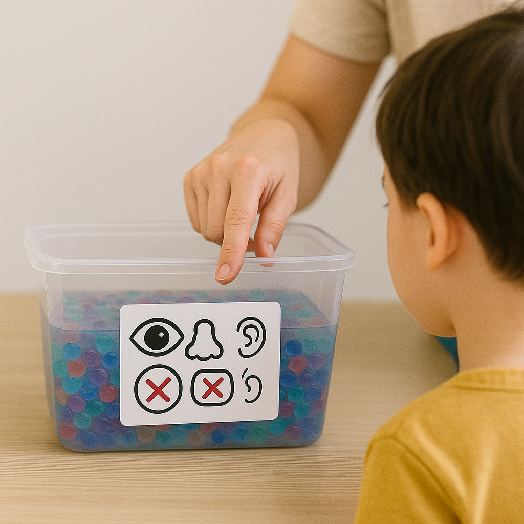 놀이통에 '눈&middot;코&middot;입&middot;귀 금지' 아이콘 스티커를 붙이고 아이에게 손으로 가리켜 설명하는 장면