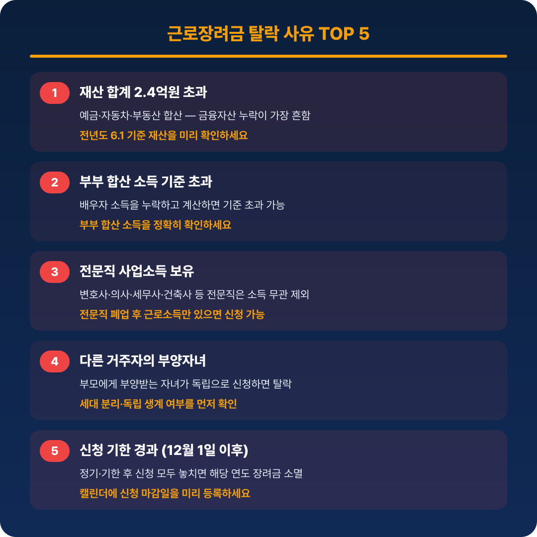 근로장려금 탈락 사유 TOP 5 카드