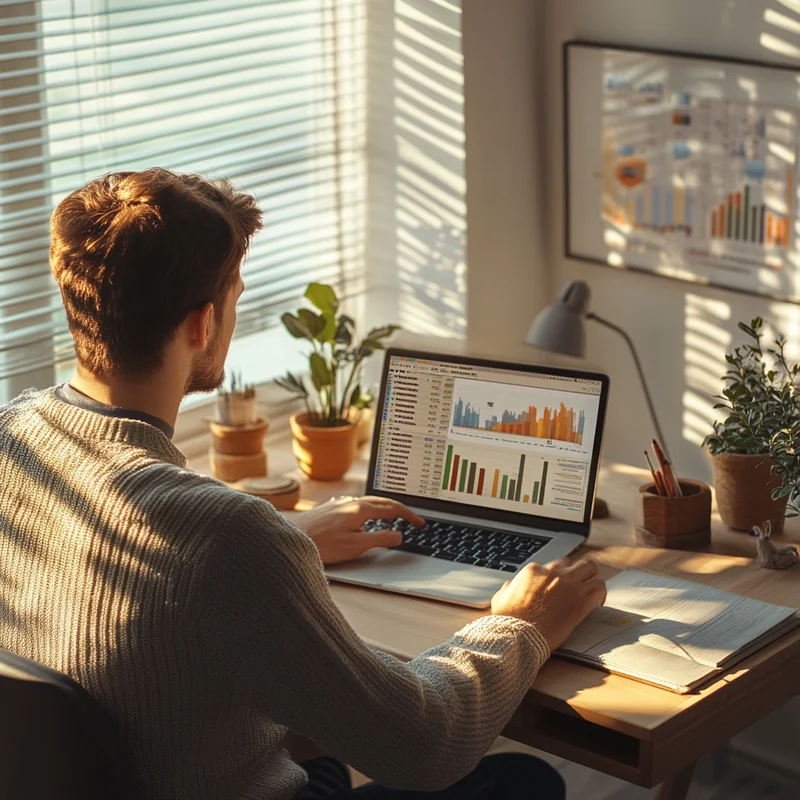 2025년 연금 ETF 투자전략 및 배당주 선택법에 집중하는 젊은 사회초년생, 노트북으로 배당주 ETF 차트와 포트폴리오 성장세를 분석하며 연금 자산 설계를 시작하는 부드럽고 희망적인 분위기, 연금 투자, 차트 분석, 포트폴리오, ETF, 배당주