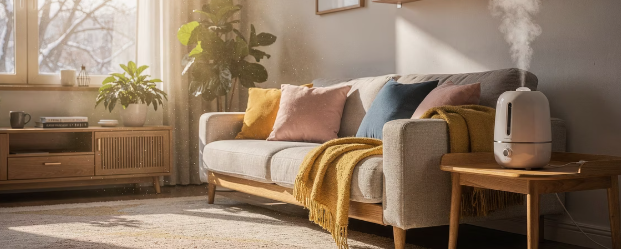 겨울철 한국 거실에서 작동 중인 가습기