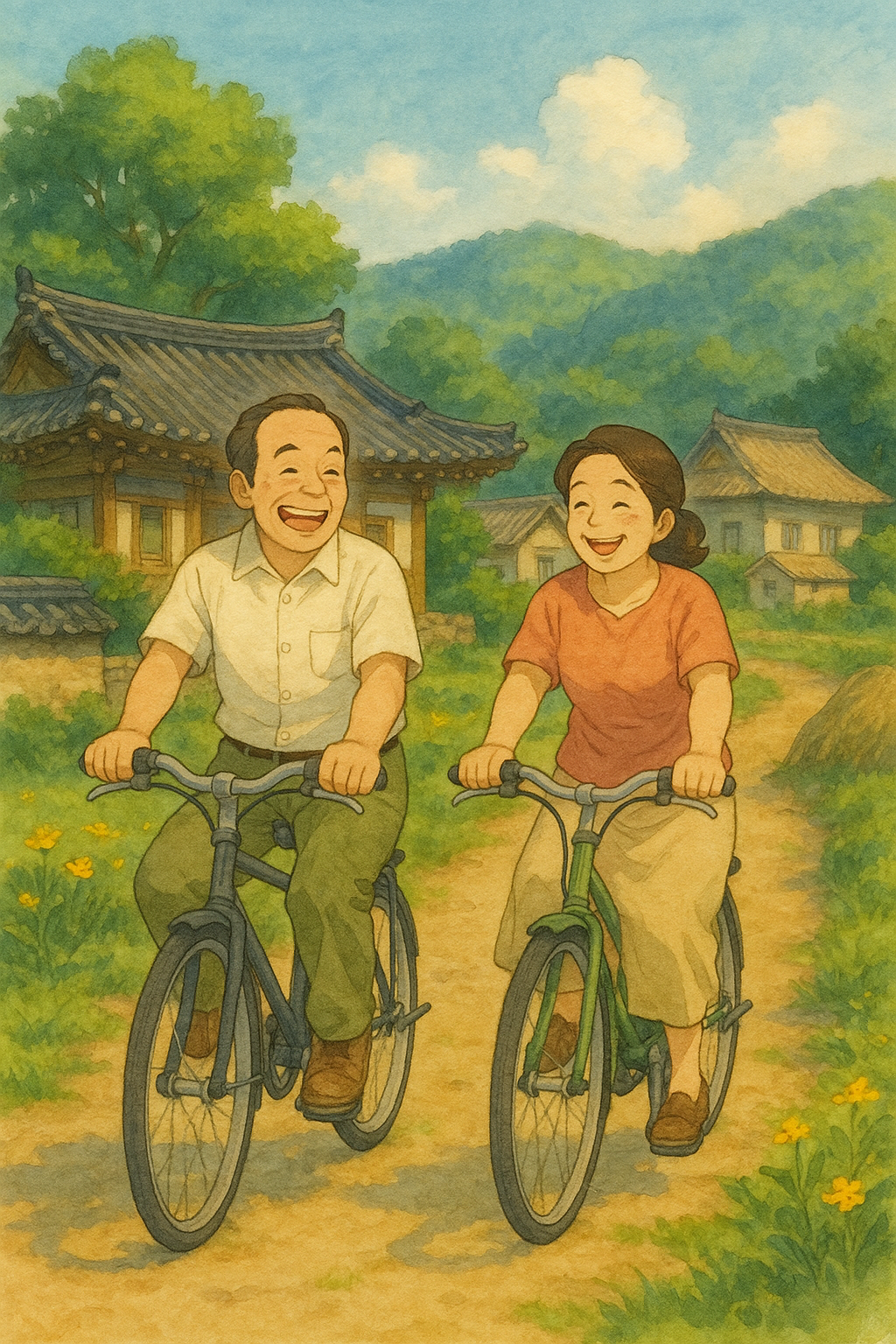 초여름 시골 풍경에서 자전거 타는 중년 부부, 지브리 애니메이션 느낌으로 그려줘