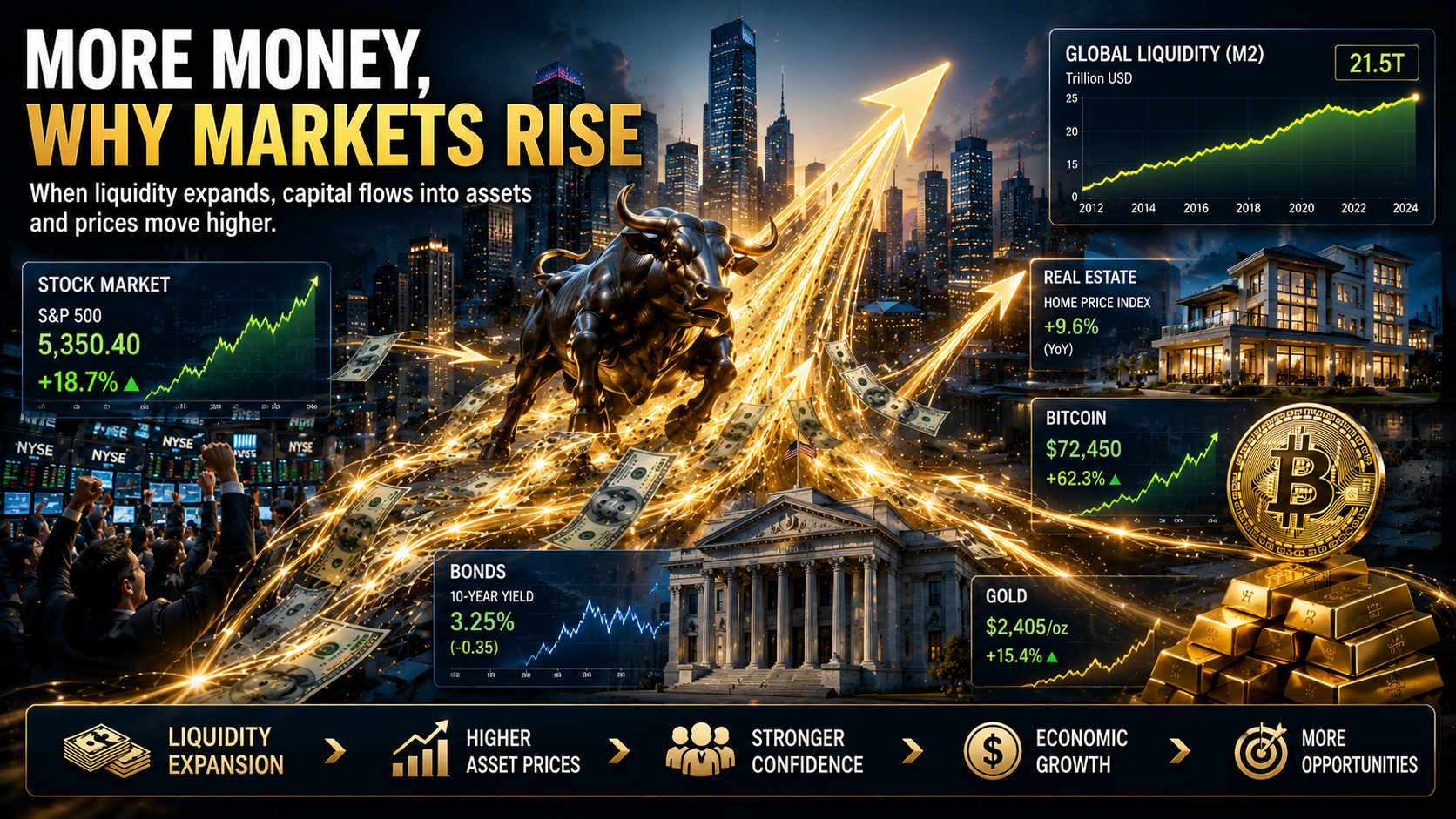Liquidity expansion driving higher stock prices, real estate values, and Bitcoin markets