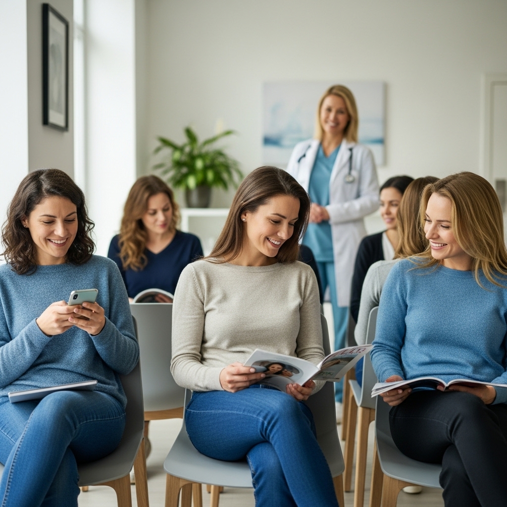 편안하고 현대적인 산부인과 대기실에서 여성들이 차분하게 앉아있는 모습. 여성 건강 검진의 중요성을 강조합니다.