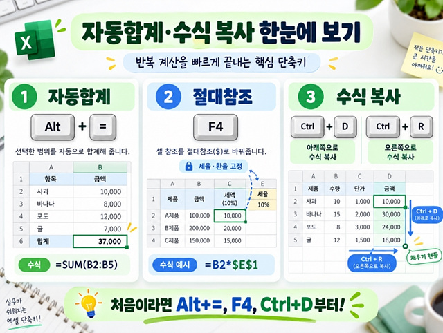엑셀 수식 단축키｜자동합계&middot;절대참조&middot;수식 복사 쉽게 하기