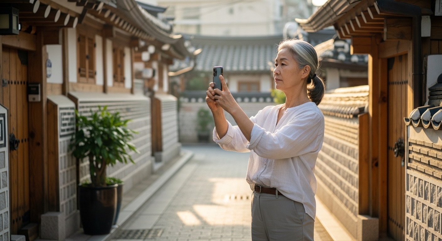 65세 여성이 스마트폰으로 동네 골목길을 촬영하고 있는 모습