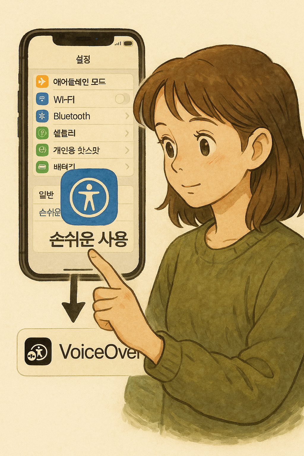손쉬운 사용 메뉴에서 VoiceOver로 진입하는 아이폰 설정 흐름