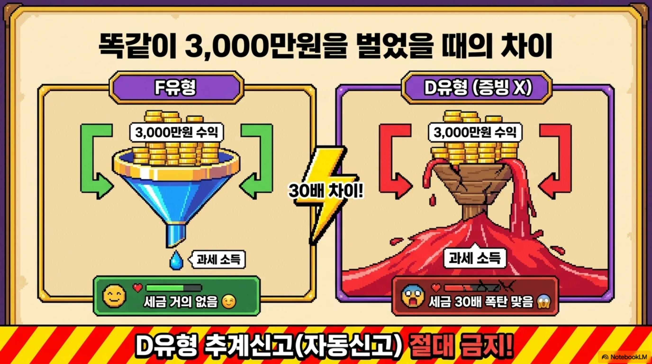 프리랜서 종합소득세: 똑같이 3000만원을 벌었을 때 F유형과 D유형의 세금 차이를 보여주는 이미지. 왼쪽 F유형은 깔때기를 통해 과세 소득이 적게 걸러져 세금이 거의 없고 오른쪽 D유형은 증빙 없이 추계신고할 경우 과세 소득이 크게 남아 세금 30배 폭탄이 터지는 모습이다. 하단에 D유형 추계신고 자동신고 절대 금지라는 경고 문구가 적혀 있다. 단순경비율과 기준경비율 적용 시 세금 차이를 비교한 이미지