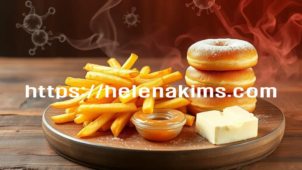 나무 쟁반 위에 갓 튀긴 감자튀김, 달콤한 도넛, 그리고 부드러워 보이는 마가린 덩어리가 먹음직스럽게 놓여 있는 모습.