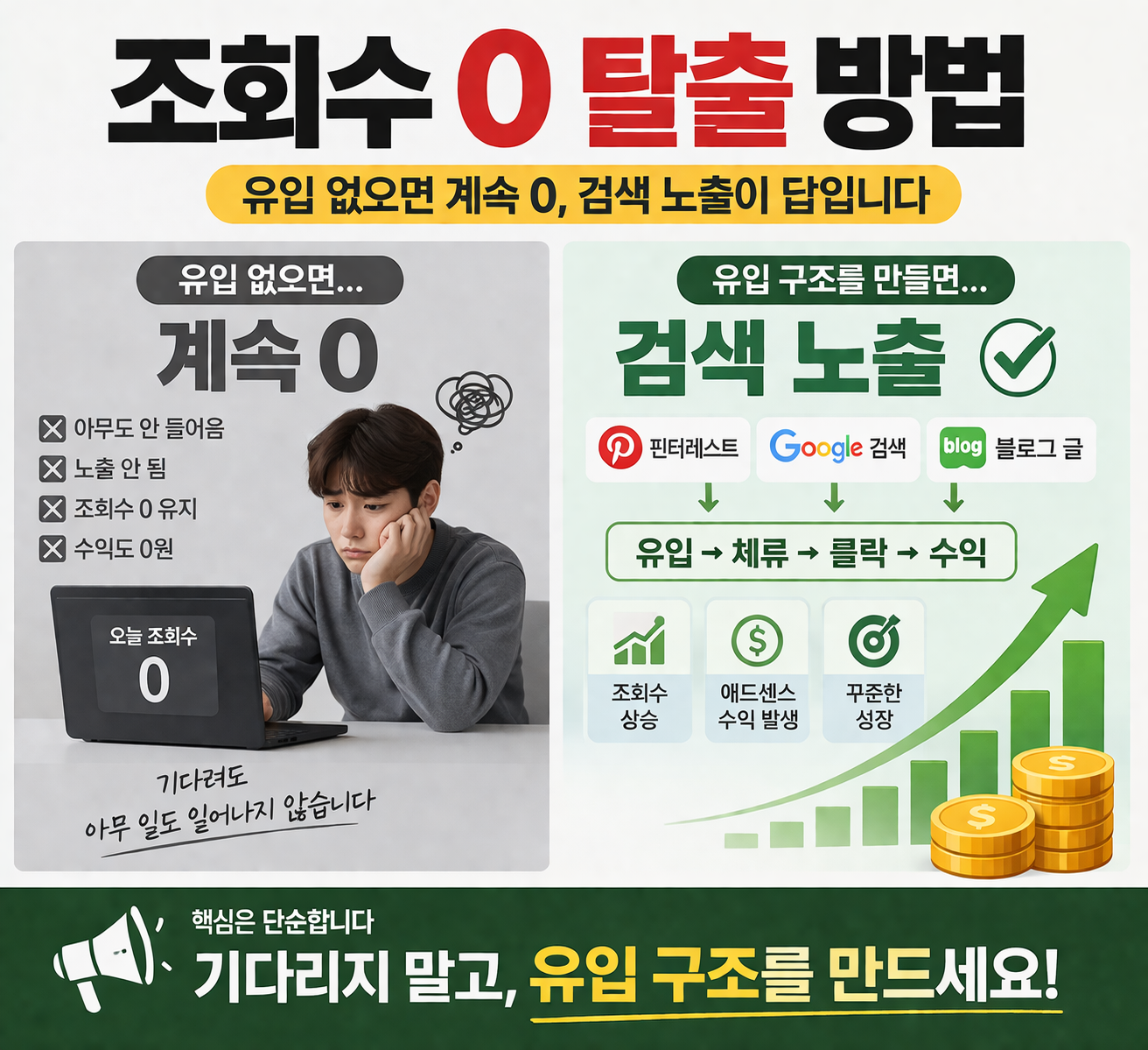 조회수 0 탈출 방법을 설명하는 이미지, 유입이 없으면 계속 0이고 핀터레스트와 검색 노출을 통한 블로그 유입 구조를 보여주는 인포그래픽