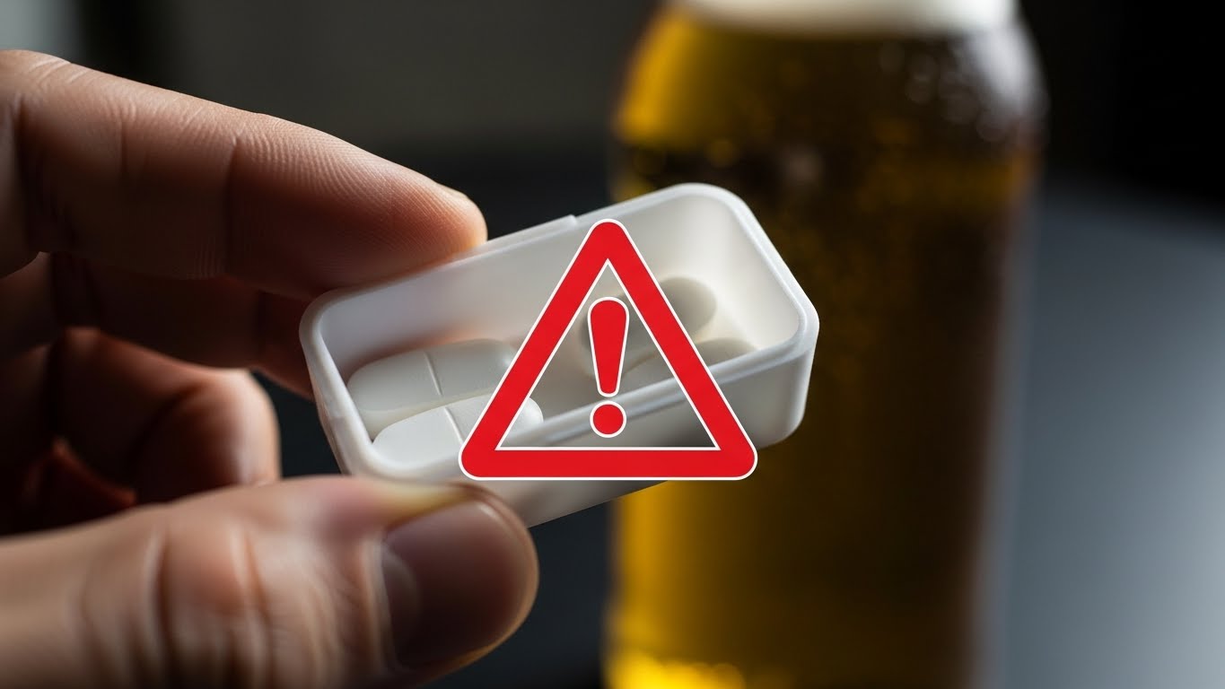 음주 후 두통에 타이레놀 복용이 간 손상을 유발할 수 있음을 경고하는 이미지