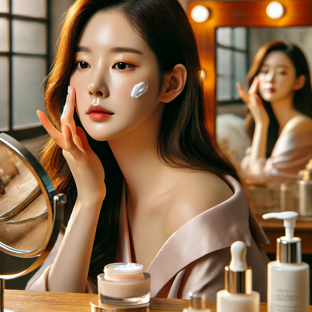 여성이 드레싱 테이블에 앉아 볼에 부드럽게 보습제를 바르고 있는 모습. 방 안은 따뜻한 조명과 아늑한 분위기로 꾸며져 있습니다