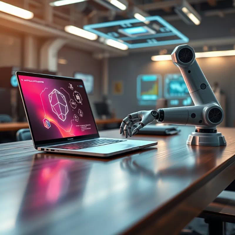 AI 시대의 시작을 알리는 상징적인 이미지, 노트북과 로봇 팔이 협업하는 모습