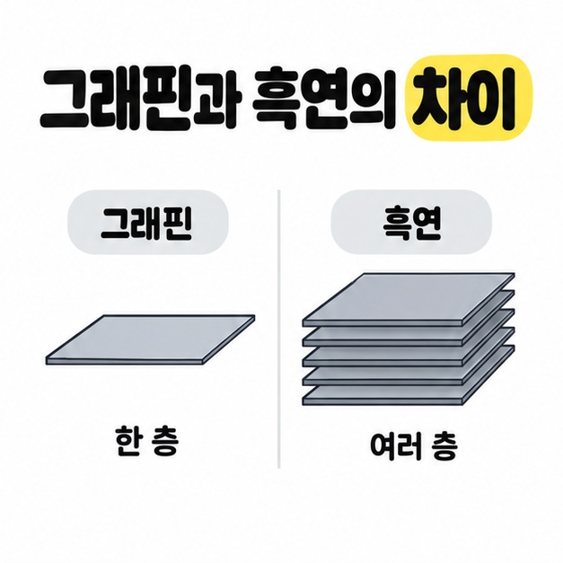 그래핀의 한 층과 흑연의 여러 층을 얇은 평면 한 장 및 겹친 평면들로 비교한 그림.