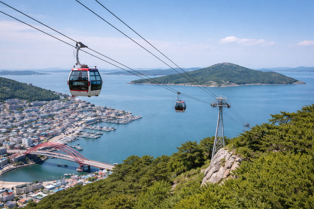 목포 유달산에서 내려다본 해상케이블카와 바다, 항구 풍경