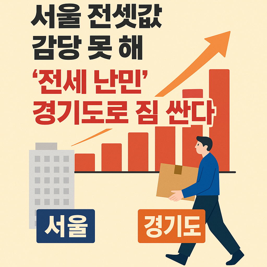 &ldquo;서울 전세 폭등으로 경기도로 이동하는 전세 난민 현상을 설명하는 부동산 그래픽&rdquo;